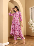 Varanga Women Floral Printed High Low Shirt Collar Kurta & Trouser