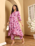 Varanga Women Floral Printed High Low Shirt Collar Kurta & Trouser