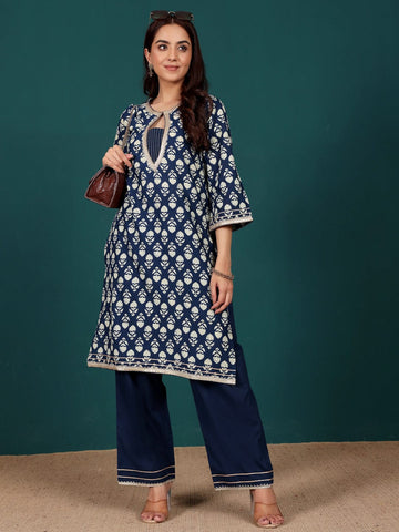 KSUT Women Ethnic Floral Printed With Zari & Sequin Detail Kurta With Trouser