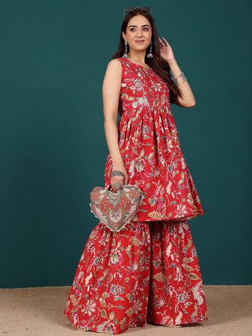 Varanga Women Floral Printed Mirror Embroidered Flared Kurta With Sharara