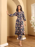 Varanga Women Floral Printed High Low Shirt Collar Kurta & Trouser