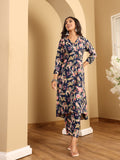 Varanga Women Floral Printed High Low Shirt Collar Kurta & Trouser