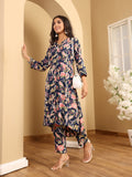 Varanga Women Floral Printed High Low Shirt Collar Kurta & Trouser