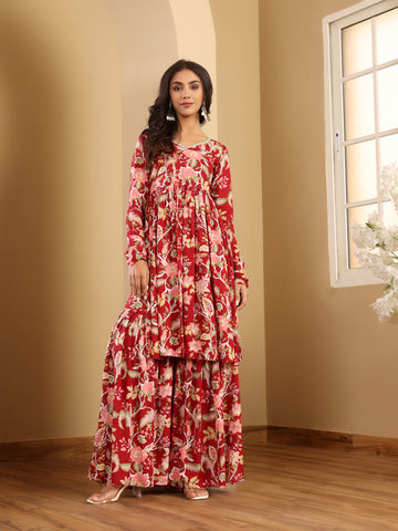 Varanga Women Floral Printed V Neck High Slit Flared Kurta With Sharara