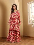 Varanga Women Floral Printed V Neck High Slit Flared Kurta With Sharara