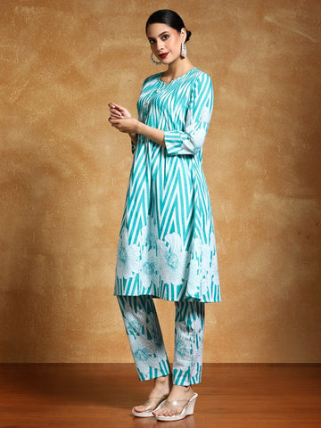 KSUT Women-Floral & Stripper Printed Flared Kurta With Trouser