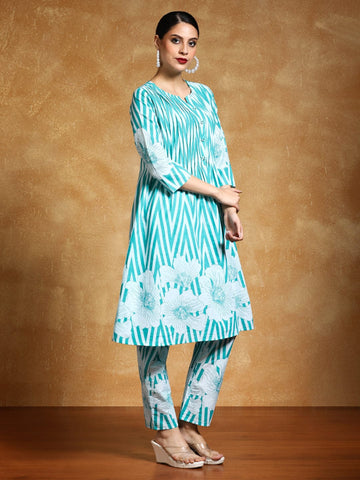 KSUT Women-Floral & Stripper Printed Flared Kurta With Trouser