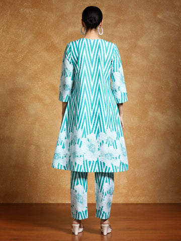 KSUT Women-Floral & Stripper Printed Flared Kurta With Trouser