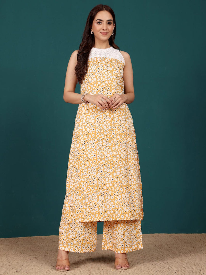 KSUT Women Floral Printed Lace Detailed Halter Neck Kurta With Palazzo