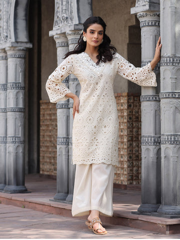 Varanga Women Floral Motif Schiffli Flared Sleeve Kurta With Trouser