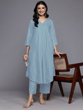 Varanga Women Grey Solid A-Line V Neck Kurta Paired with Tonal Bottom