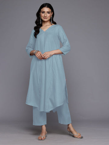 Varanga Women Grey Solid A-Line V Neck Kurta Paired with Tonal Bottom