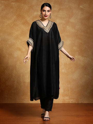 Varanga Women-Zari Embroidered Lace Neck Flared Kaftan With Trouser