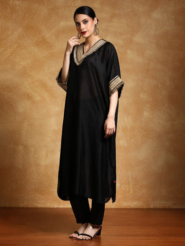 Varanga Women-Zari Embroidered Lace Neck Flared Kaftan With Trouser