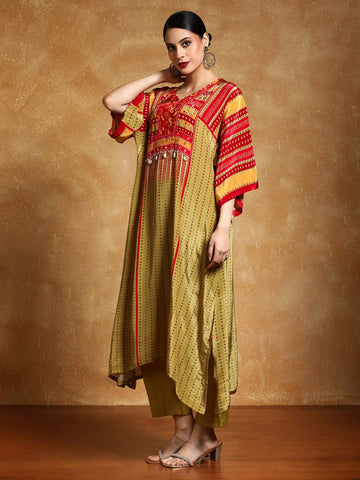 Varanga Women-Floral & Stripper Printed With Shell & Bead Embroidery Kaftan & Trouser
