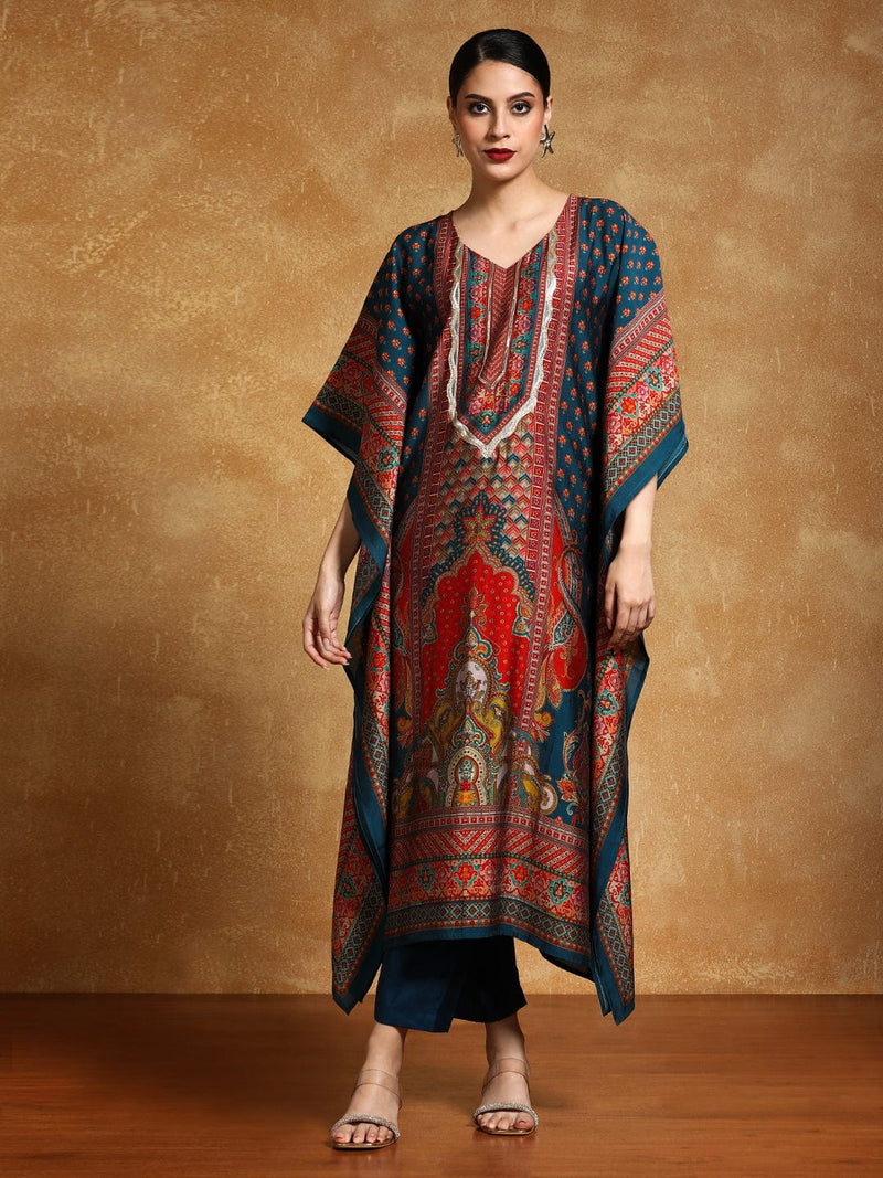 Varanga Women-Zari & Sequin Detailed Ethnic Printed Flared Kaftan With Trouser