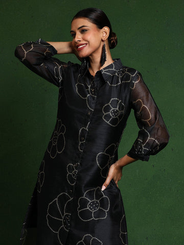 Varanga Women Bandhani Printed Regular Chanderi Silk Kurta with Trousers