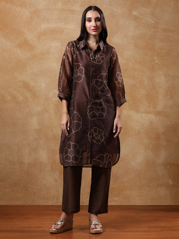 Varanga Women Bandhani Printed Regular Chanderi Silk Kurta with Trousers