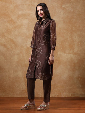 KSUT Women Bandhani Printed Regular Chanderi Silk Kurta with Trousers