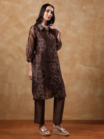 KSUT Women Bandhani Printed Regular Chanderi Silk Kurta with Trousers