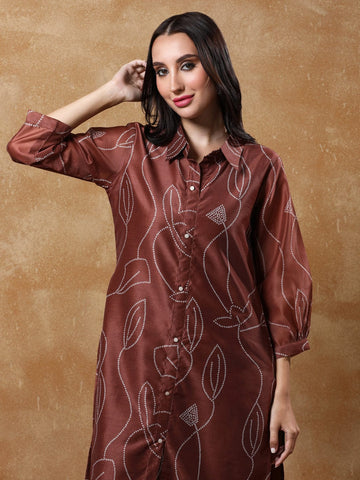 KSUT Women Bandhani Printed Regular Chanderi Silk Kurta with Trousers