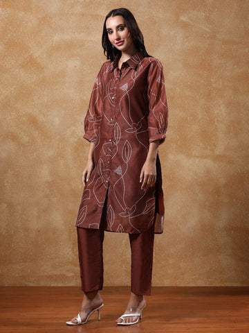 KSUT Women Bandhani Printed Regular Chanderi Silk Kurta with Trousers