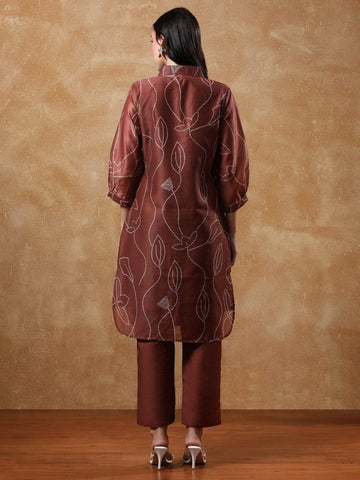 KSUT Women Bandhani Printed Regular Chanderi Silk Kurta with Trousers