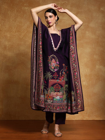 Varanga Women-Zari & Sequin Detailed Ethnic Printed Flared Kaftan With Trouser