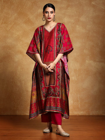 Gota Detailed Ethnic Floral Printed Kaftan & Trouser