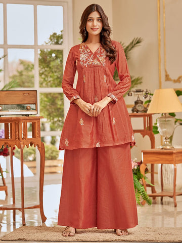 Varanga Women Floral Thread Embroidered Flared Kurta With Palazzo