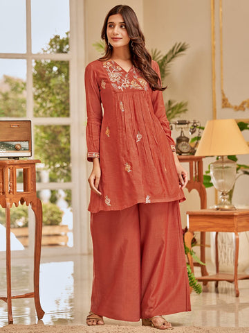 Varanga Women Floral Thread Embroidered Flared Kurta With Palazzo