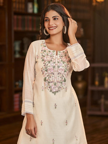 Floral motif Embroidered Yoke Kurta With Flared Palazzo