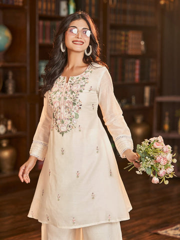 Floral motif Embroidered Yoke Kurta With Flared Palazzo