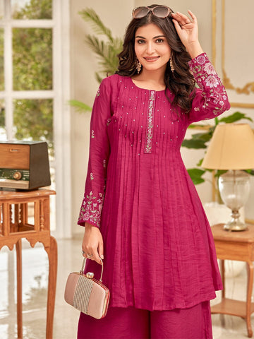Floral Motif Thread Embroidered Flared Kurta With Palazzo