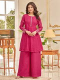Floral Motif Thread Embroidered Flared Kurta With Palazzo