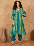 varanga Women A Vibrant 2-Piece Set Featuring A Shibori-Printed Flared Kaftan Kurta With Sequin Detailing And Solid Ankle-Length Trousers For Effortless Festive Elegance.