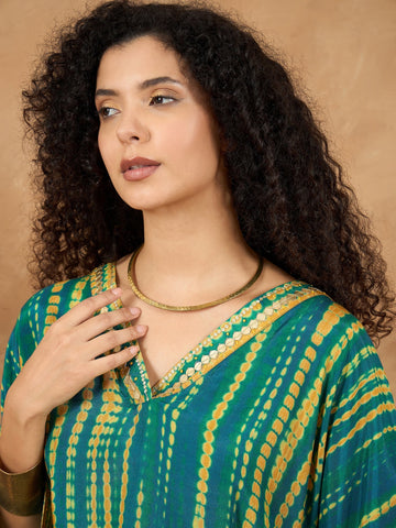 varanga Women A Vibrant 2-Piece Set Featuring A Shibori-Printed Flared Kaftan Kurta With Sequin Detailing And Solid Ankle-Length Trousers For Effortless Festive Elegance.