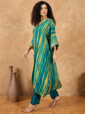 varanga Women A Vibrant 2-Piece Set Featuring A Shibori-Printed Flared Kaftan Kurta With Sequin Detailing And Solid Ankle-Length Trousers For Effortless Festive Elegance.