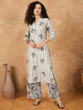 Varanga Women Kurta Set Is An Elegant Straight Kurta And Trousers With Print Featuring Floral Motifs And Stripe