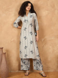 Varanga Women Kurta Set Is An Elegant Straight Kurta And Trousers With Print Featuring Floral Motifs And Stripe