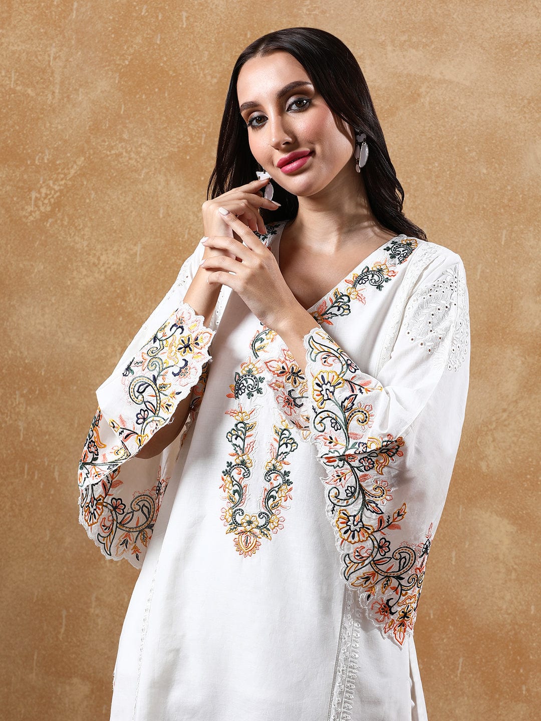 Varanga Floral Embroidered Pure Cotton Flared Sleeves V-Neck Straight Kurta with Trousers