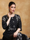Floral And Polka Dot Printed Round Neck Kurta With Solid Trousers