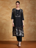 Floral And Polka Dot Printed Round Neck Kurta With Solid Trousers