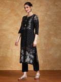 Floral And Polka Dot Printed Round Neck Kurta With Solid Trousers