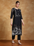 Floral And Polka Dot Printed Round Neck Kurta With Solid Trousers