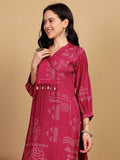 Varanga Women Bandhani Printed With Cuban Collar Regular Fit Kurta With Tassle Detail