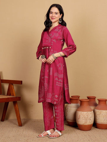 KSUT Women Bandhani Printed With Cuban Collar Regular Fit Kurta With Tassle Detail