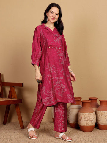 KSUT Women Bandhani Printed With Cuban Collar Regular Fit Kurta With Tassle Detail