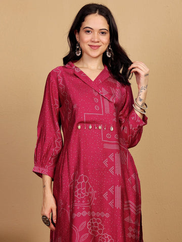KSUT Women Bandhani Printed With Cuban Collar Regular Fit Kurta With Tassle Detail