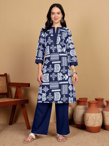 Varanga Women Printed Kurta With Pin-Tucks On Neck And Cuff With Delicate Lace Details Paired With Solid Trouders